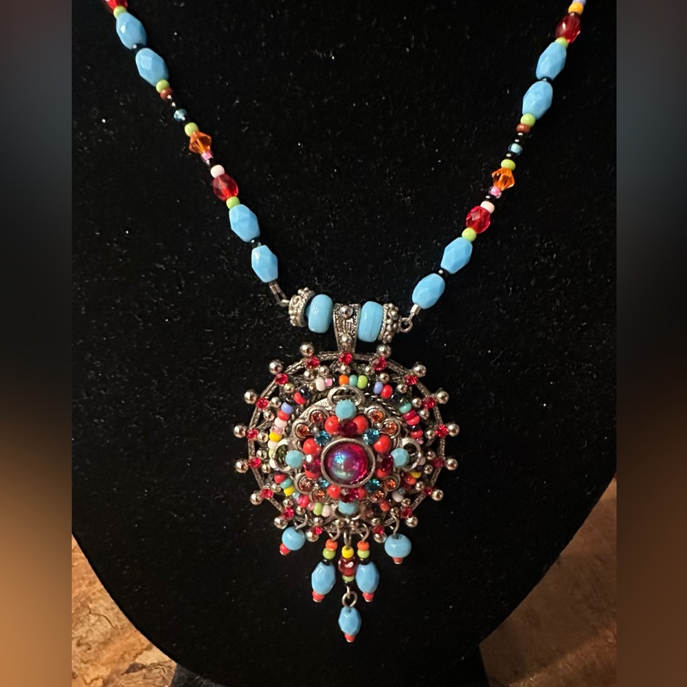 Turquoise and colorful beaded necklace and earrings by F.A.I.T.H.